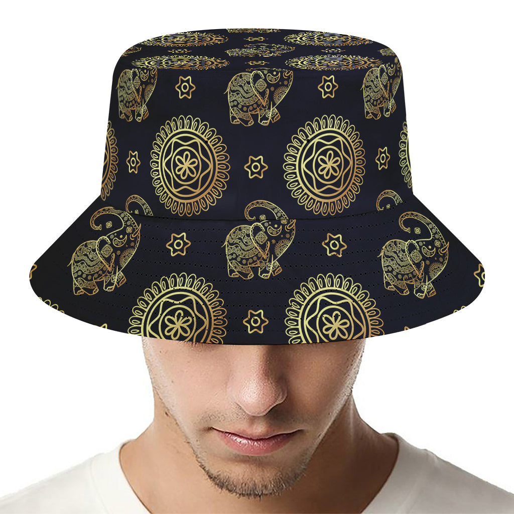 Blue And Gold Tribal Elephant Print Bucket Hat