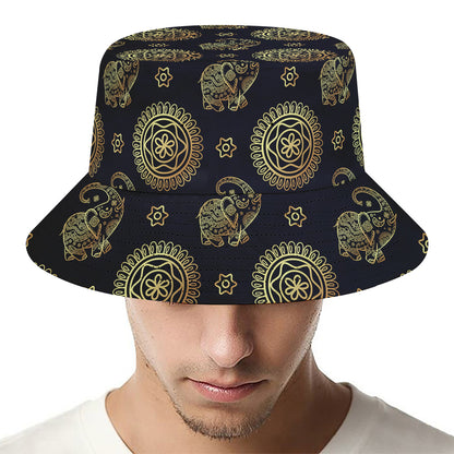 Blue And Gold Tribal Elephant Print Bucket Hat