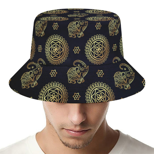 Blue And Gold Tribal Elephant Print Bucket Hat