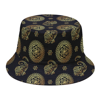 Blue And Gold Tribal Elephant Print Bucket Hat