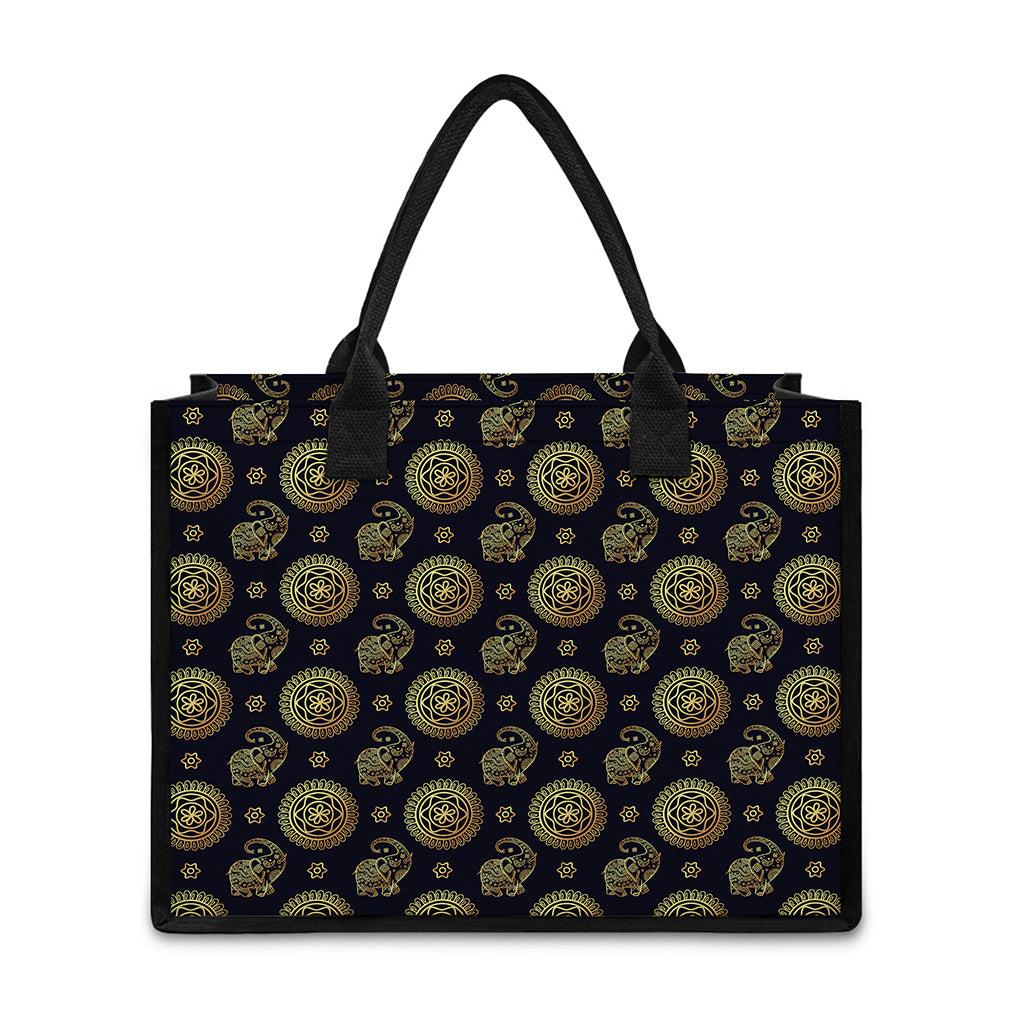 Blue And Gold Tribal Elephant Print Canvas Tote Bag
