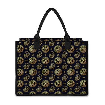 Blue And Gold Tribal Elephant Print Canvas Tote Bag