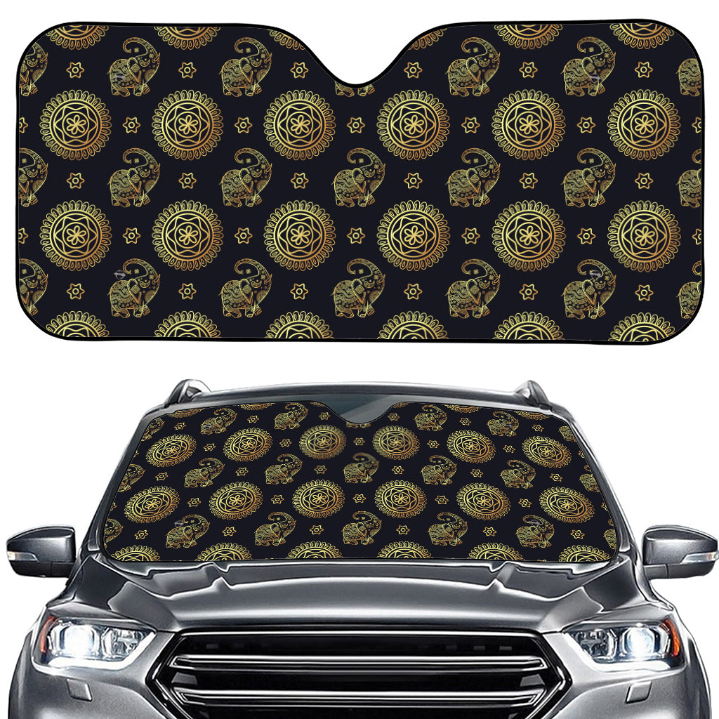 Blue And Gold Tribal Elephant Print Car Windshield Sun Shade