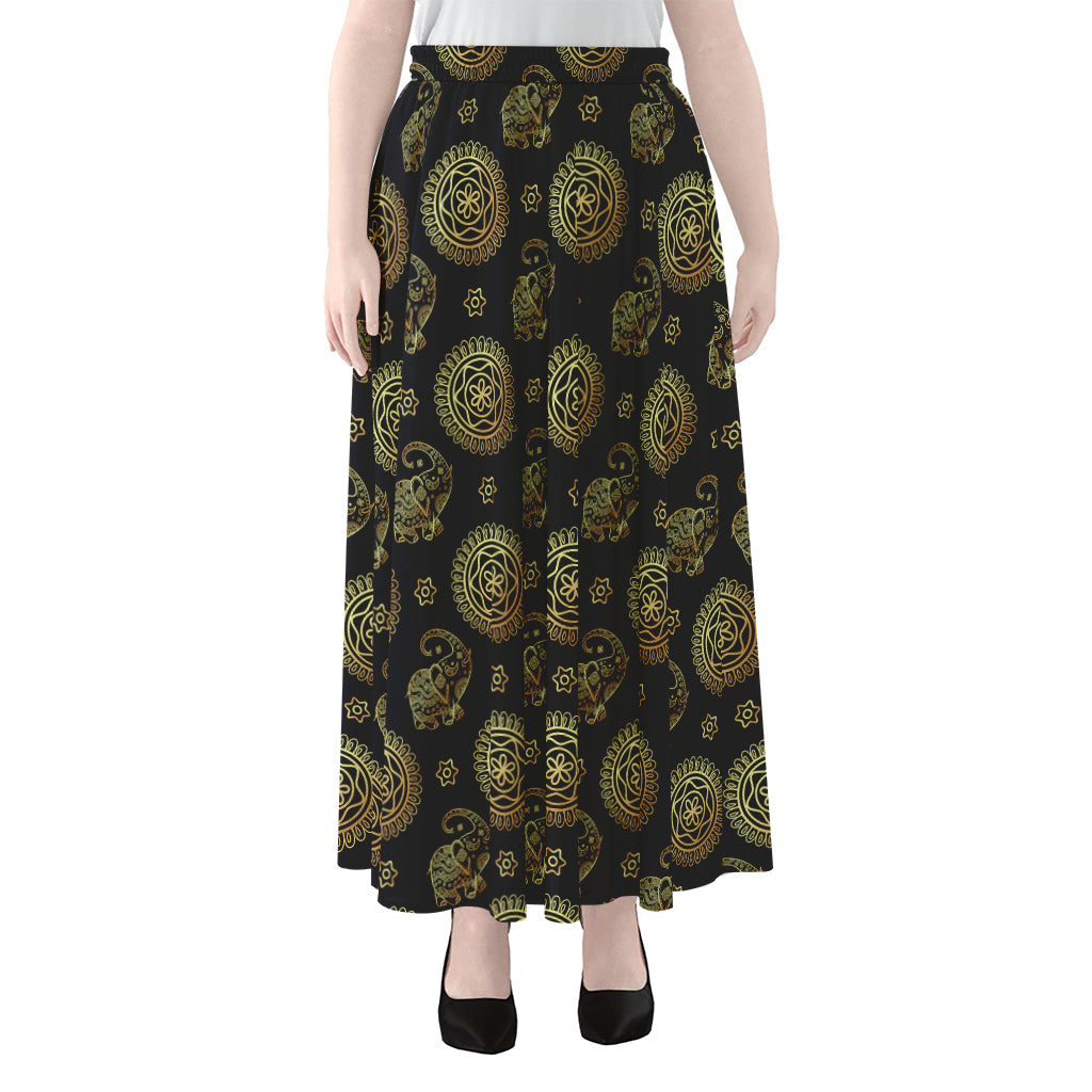Blue And Gold Tribal Elephant Print Chiffon Maxi Skirt