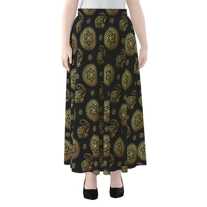 Blue And Gold Tribal Elephant Print Chiffon Maxi Skirt