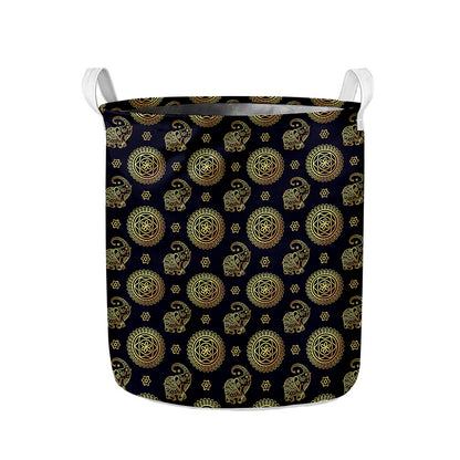 Blue And Gold Tribal Elephant Print Collapsible Laundry Basket