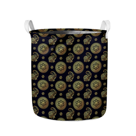 Blue And Gold Tribal Elephant Print Collapsible Laundry Basket
