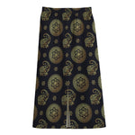 Blue And Gold Tribal Elephant Print Cotton Front Slit Maxi Skirt