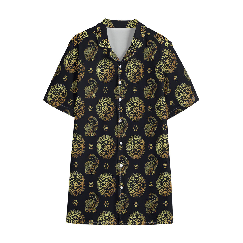 Blue And Gold Tribal Elephant Print Cotton Hawaiian Shirt