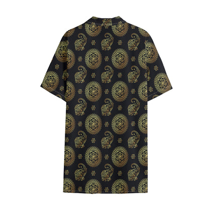 Blue And Gold Tribal Elephant Print Cotton Hawaiian Shirt