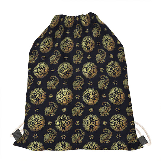 Blue And Gold Tribal Elephant Print Drawstring Bag