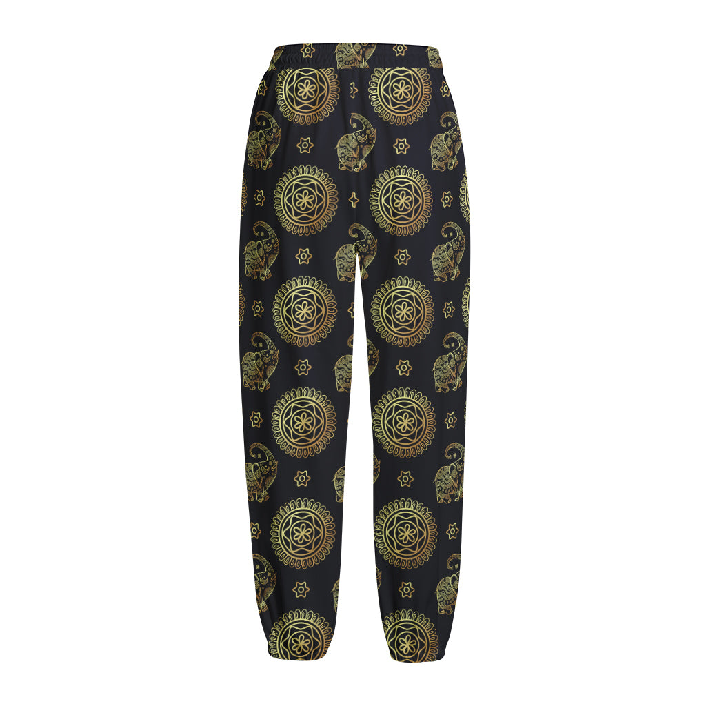 Blue And Gold Tribal Elephant Print Fleece Lined Knit Pants
