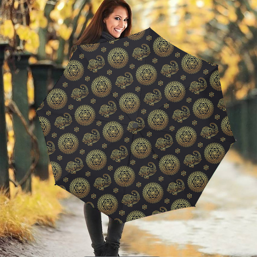 Blue And Gold Tribal Elephant Print Foldable Umbrella