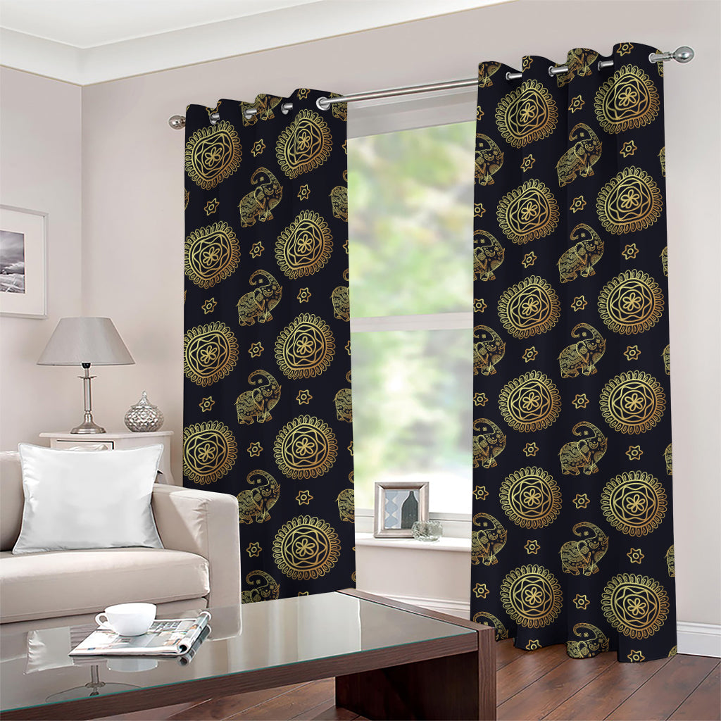 Blue And Gold Tribal Elephant Print Grommet Curtains