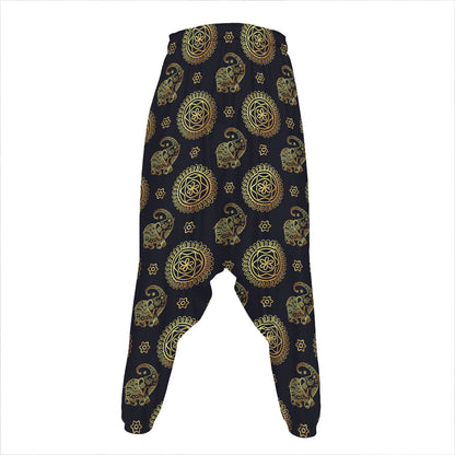 Blue And Gold Tribal Elephant Print Hammer Pants