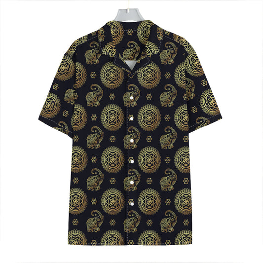 Blue And Gold Tribal Elephant Print Hawaiian Shirt
