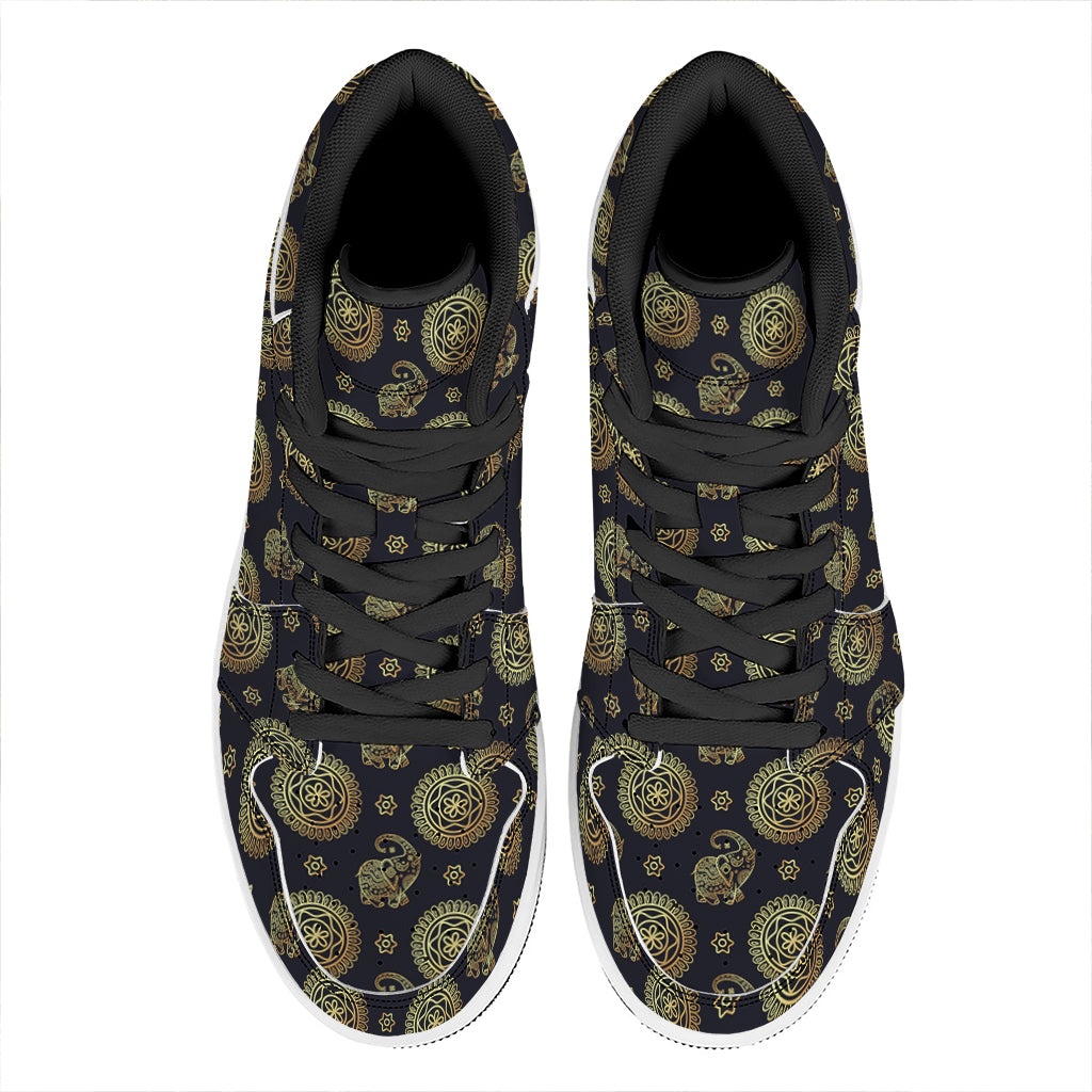 Blue And Gold Tribal Elephant Print High Top Leather Sneakers
