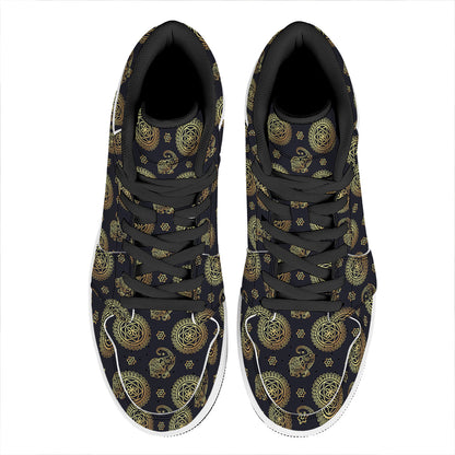 Blue And Gold Tribal Elephant Print High Top Leather Sneakers