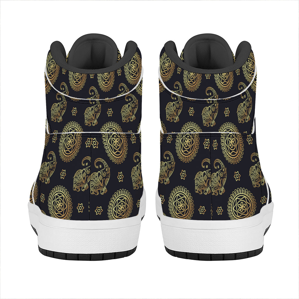 Blue And Gold Tribal Elephant Print High Top Leather Sneakers