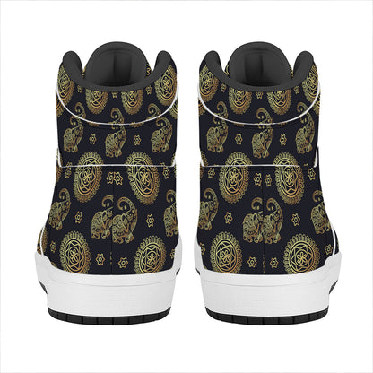 Blue And Gold Tribal Elephant Print High Top Leather Sneakers
