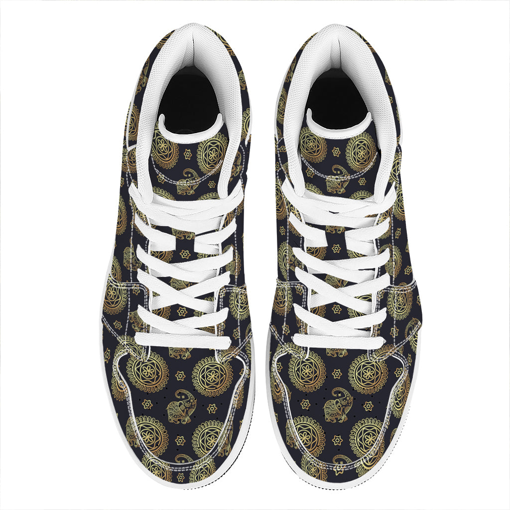 Blue And Gold Tribal Elephant Print High Top Leather Sneakers