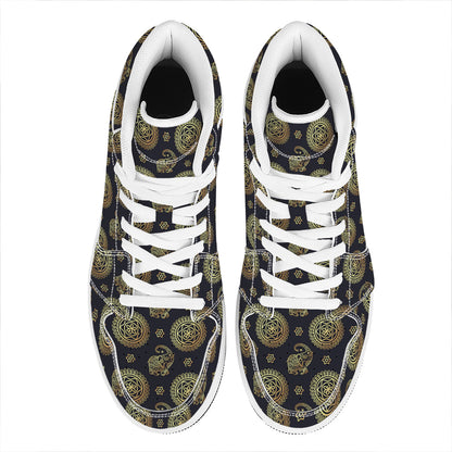 Blue And Gold Tribal Elephant Print High Top Leather Sneakers