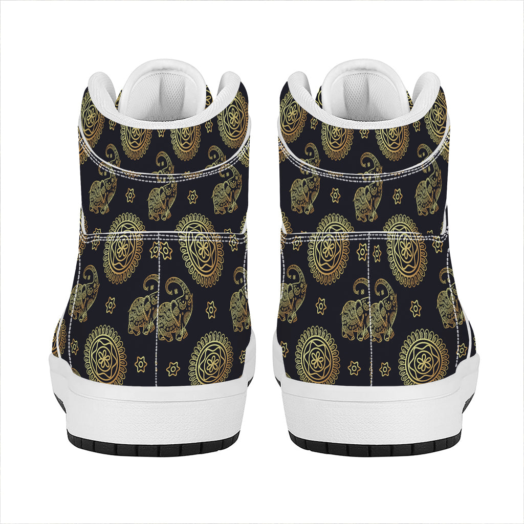 Blue And Gold Tribal Elephant Print High Top Leather Sneakers