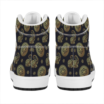 Blue And Gold Tribal Elephant Print High Top Leather Sneakers