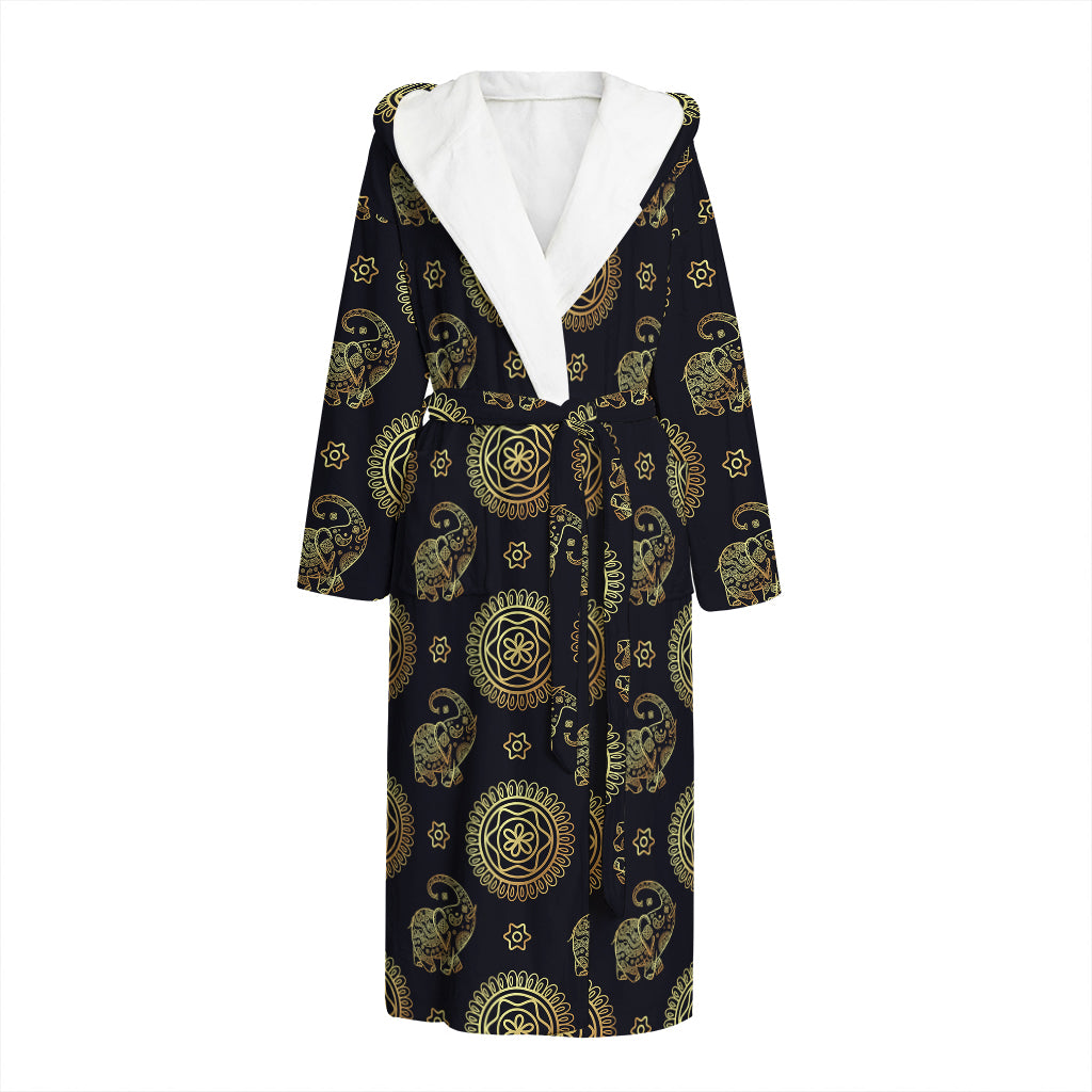 Blue And Gold Tribal Elephant Print Hooded Bathrobe
