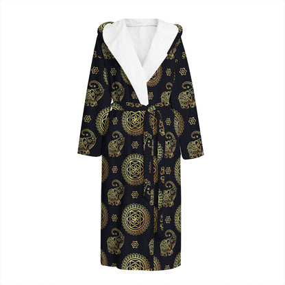 Blue And Gold Tribal Elephant Print Hooded Bathrobe