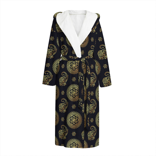 Blue And Gold Tribal Elephant Print Hooded Bathrobe