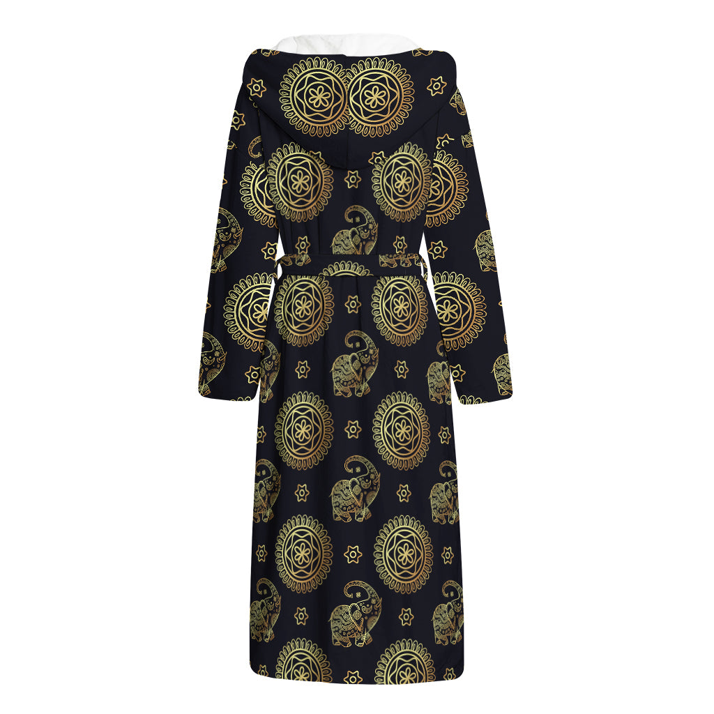 Blue And Gold Tribal Elephant Print Hooded Bathrobe