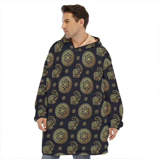 Blue And Gold Tribal Elephant Print Hoodie Blanket