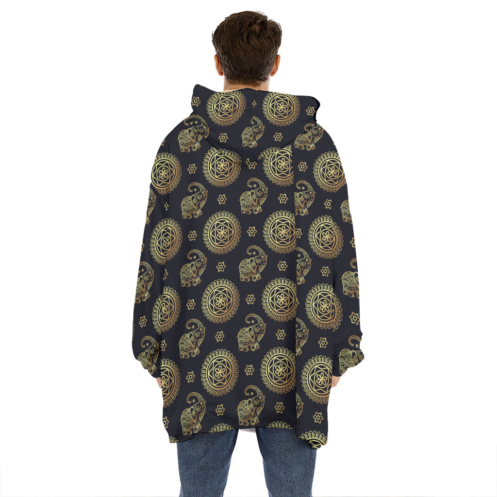 Blue And Gold Tribal Elephant Print Hoodie Blanket