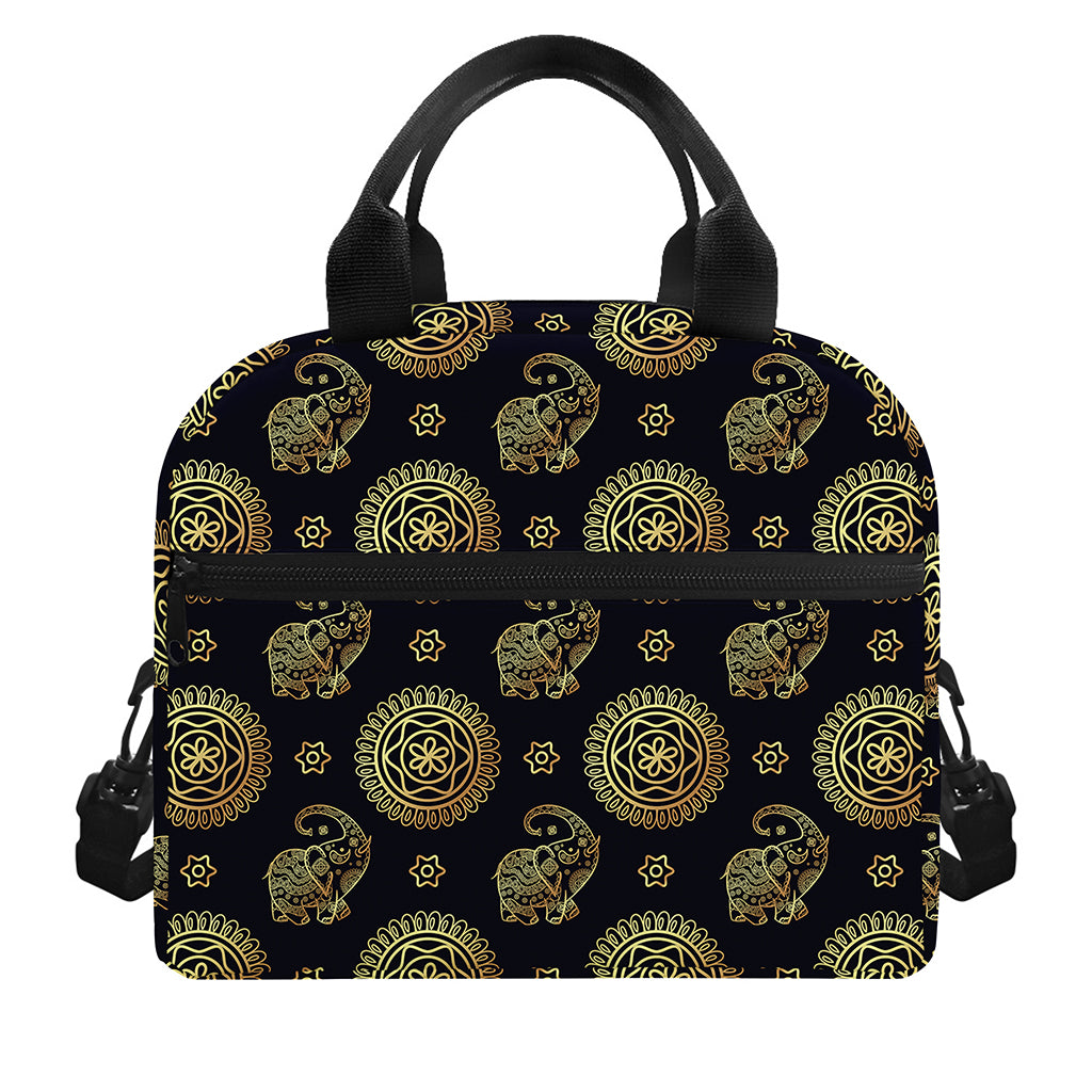Blue And Gold Tribal Elephant Print Insulated Lunch Bag