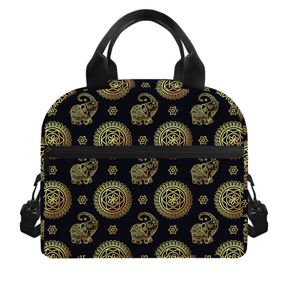 Blue And Gold Tribal Elephant Print Insulated Lunch Bag
