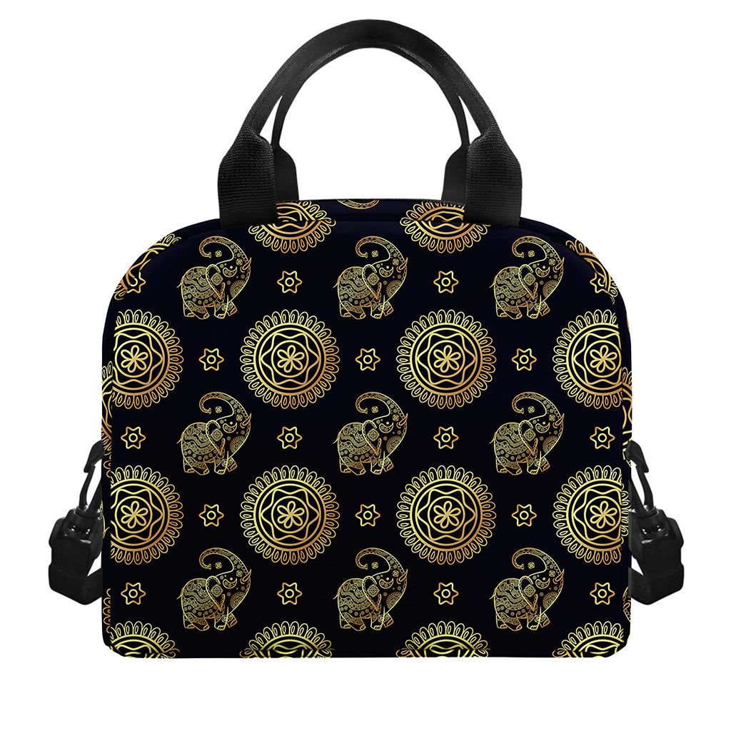 Blue And Gold Tribal Elephant Print Insulated Lunch Bag