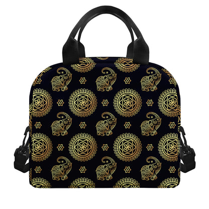 Blue And Gold Tribal Elephant Print Insulated Lunch Bag