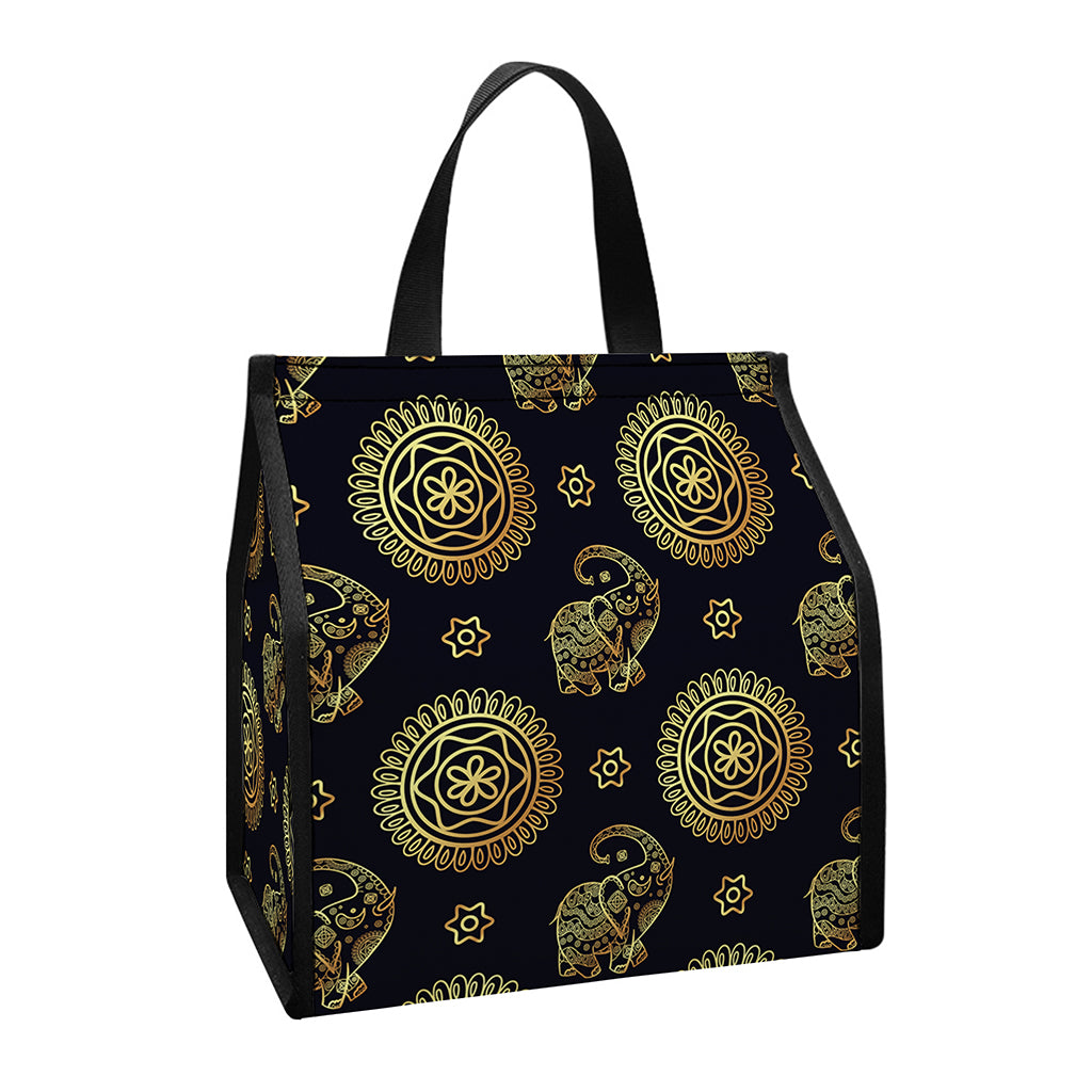 Blue And Gold Tribal Elephant Print Insulated Lunch Tote