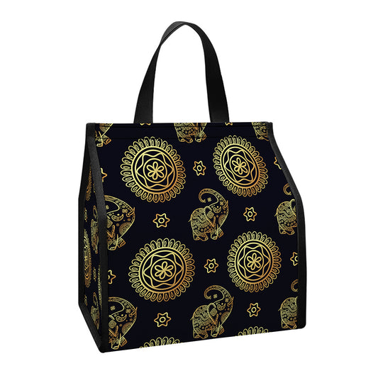 Blue And Gold Tribal Elephant Print Insulated Lunch Tote