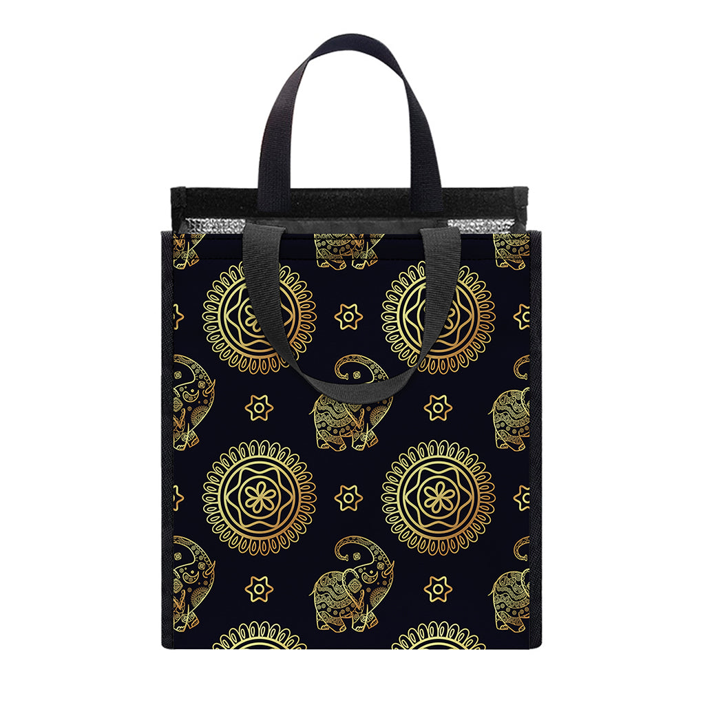 Blue And Gold Tribal Elephant Print Insulated Lunch Tote