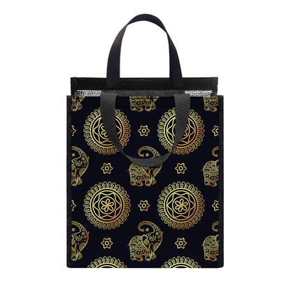 Blue And Gold Tribal Elephant Print Insulated Lunch Tote