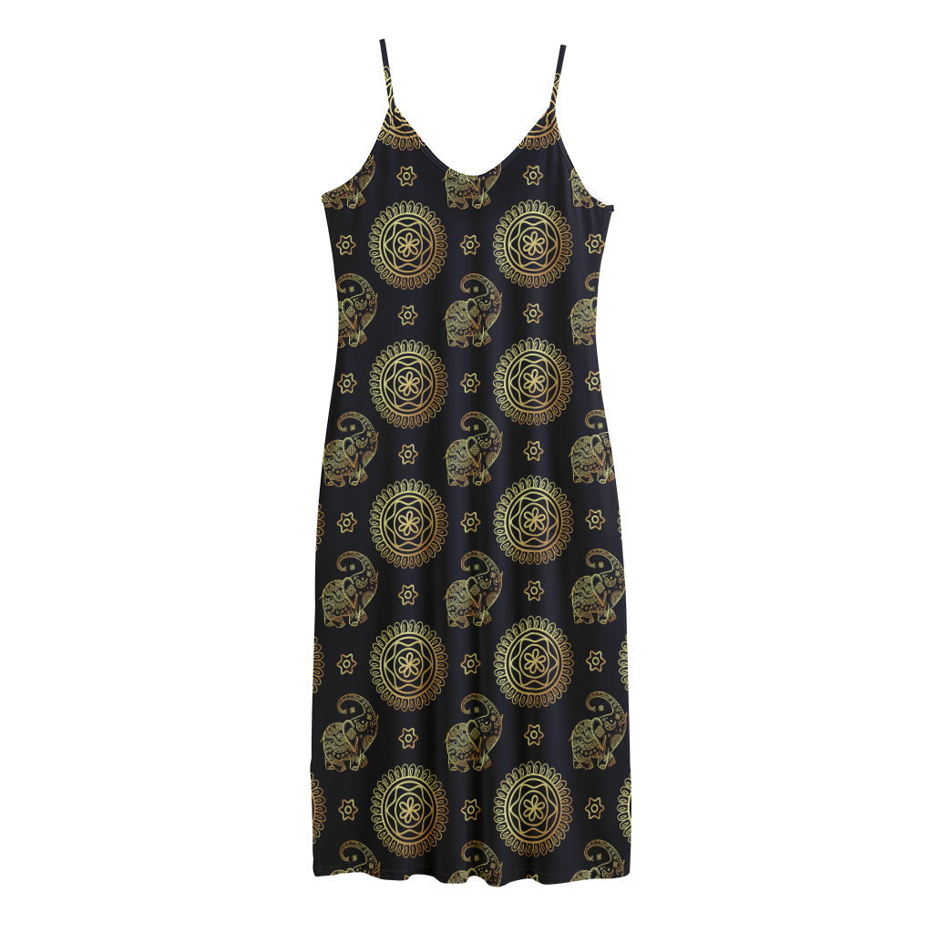Blue And Gold Tribal Elephant Print Jersey Midi Cami Dress