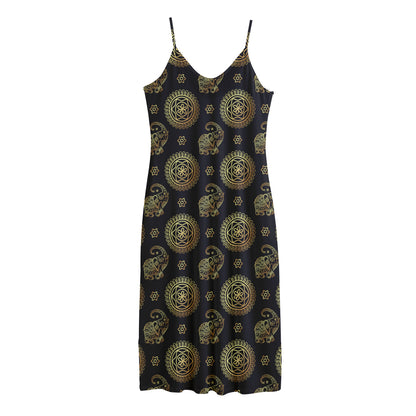 Blue And Gold Tribal Elephant Print Jersey Midi Cami Dress