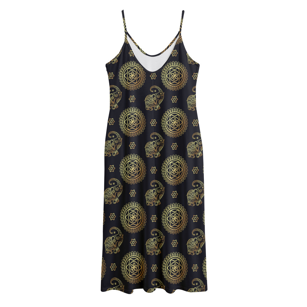 Blue And Gold Tribal Elephant Print Jersey Midi Cami Dress
