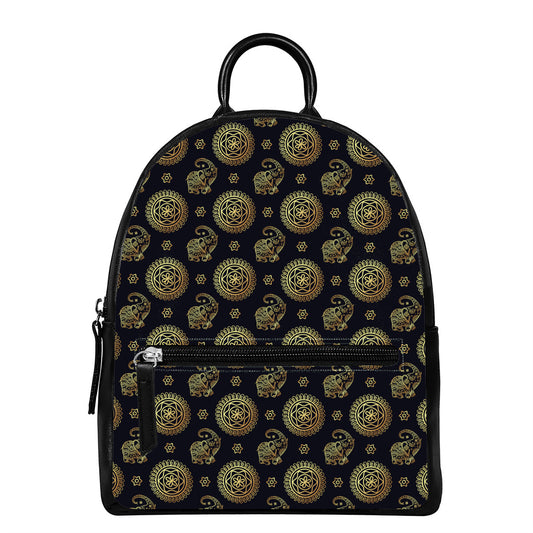 Blue And Gold Tribal Elephant Print Leather Backpack