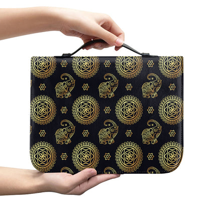 Blue And Gold Tribal Elephant Print Leather Bible Cover