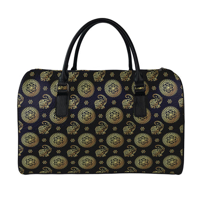 Blue And Gold Tribal Elephant Print Leather Duffle Bag