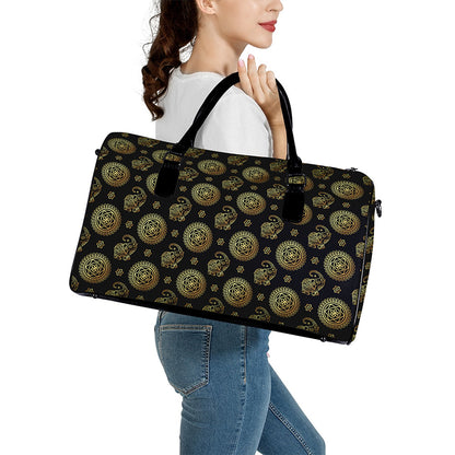 Blue And Gold Tribal Elephant Print Leather Duffle Bag