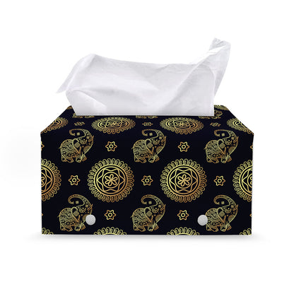 Blue And Gold Tribal Elephant Print Leather Tissue Box Cover